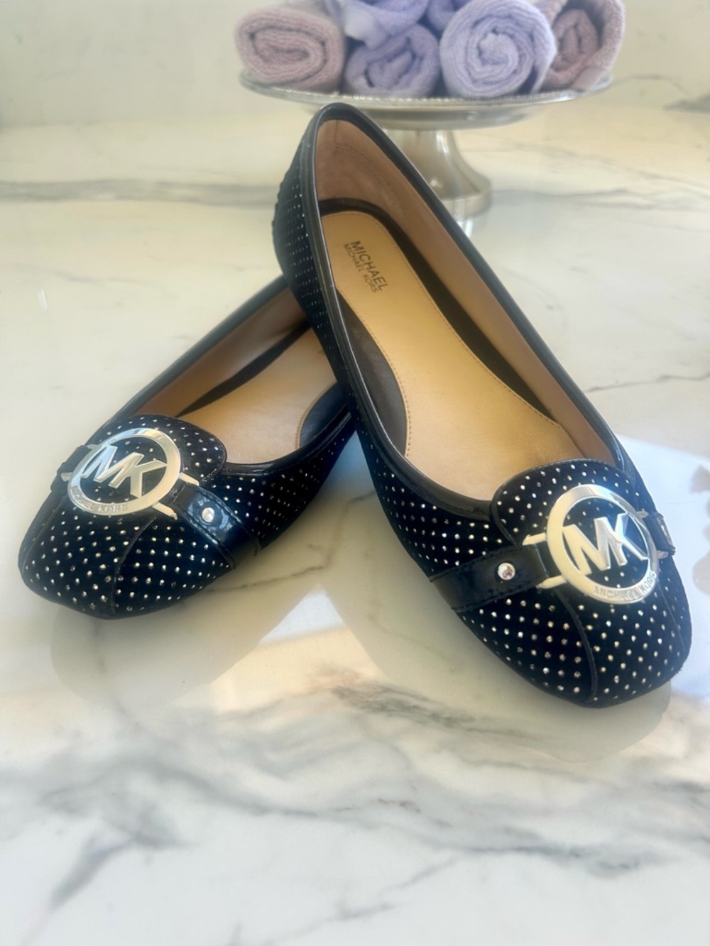 Michael Kors Black and Silver Studded Flats/ Size 9